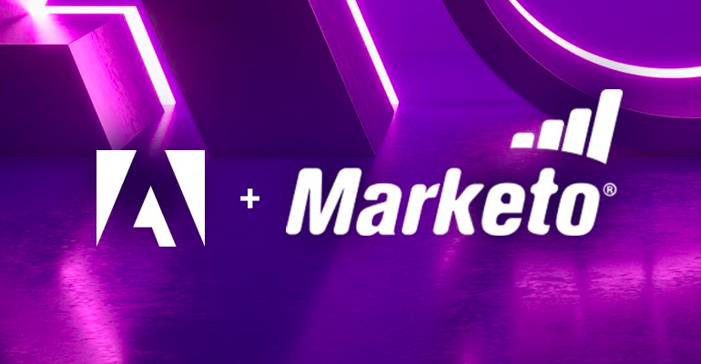 adobe logo plus marketo logo on a purple background