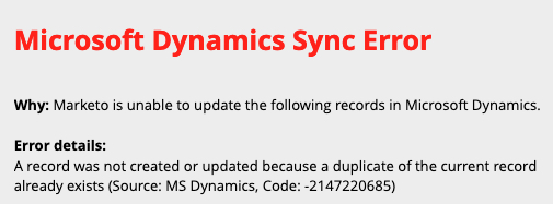  Marketo is unable to update the following records in Microsoft Dynamics